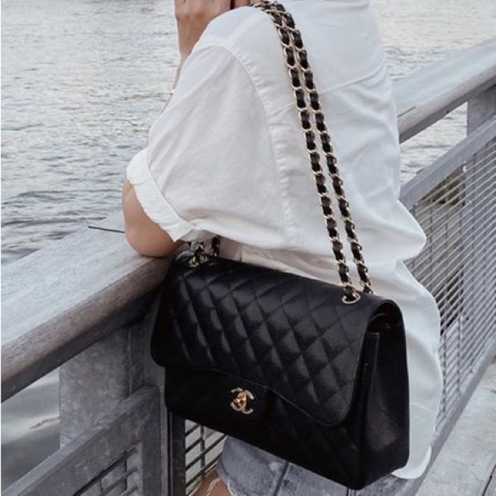 Rare! Chanel CC 24 kt Gold HW Classic Single Flap Bag Quilted BLACK Caviar JUMBO - Picture 3 of 16